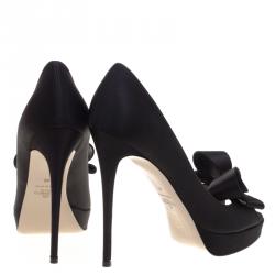 Pre Owned Valentino Black Satin Couture Bow Peep Toe Platform Pumps Size 40