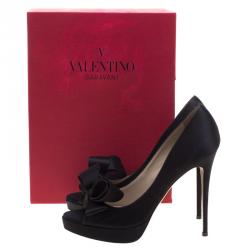Pre Owned Valentino Black Satin Couture Bow Peep Toe Platform Pumps Size 40