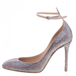 Pre Owned Valentino Grey Crystal Embellished Suede Tango Pumps Size 38.5