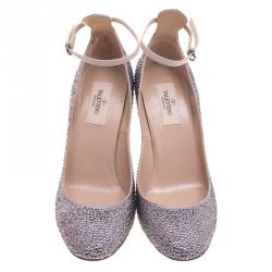 Pre Owned Valentino Grey Crystal Embellished Suede Tango Pumps Size 38.5