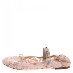 Pre Owned Valentino Blush Pink Lace Studded Ballet Flats  Size 36