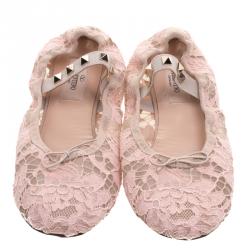 Pre Owned Valentino Blush Pink Lace Studded Ballet Flats  Size 36