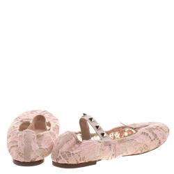 Pre Owned Valentino Blush Pink Lace Studded Ballet Flats  Size 36