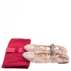 Pre Owned Valentino Blush Pink Lace Studded Ballet Flats  Size 36