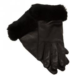 Pre Owned قفاز فالنتينو حافة فراء وجلد أسود