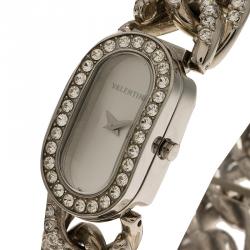 Pre Owned Valentino Silver Stainless Steel Crystals Curb Chain Women's Wristwatch 18MM