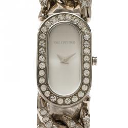 Pre Owned Valentino Silver Stainless Steel Crystals Curb Chain Women's Wristwatch 18MM