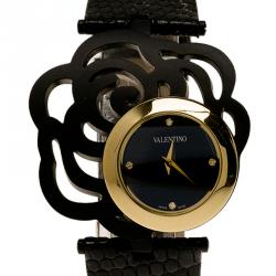 مملوكة مسبقًا Valentino Black Gold-Plated Stainless Steel Rosier Baselworld Women's Wristwatch 25MM