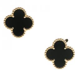 مملوكة مسبقًا Van Cleef & Arpels Vintage Alhambra Onyx 18k Yellow Gold Stud Earrings