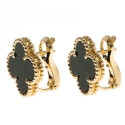 مملوكة مسبقًا Van Cleef & Arpels Vintage Alhambra Onyx 18k Yellow Gold Stud Earrings