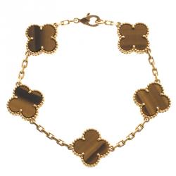 مملوكة مسبقًا Van Cleef & Arpels Vintage Alhambra 5-Motifs Tiger's Eye 18k Yellow Gold Bracelet 16cm