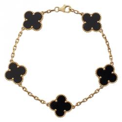 مملوكة مسبقًا Van Cleef & Arpels Vintage Alhambra 5 Motifs Onyx Yellow Gold Bracelet 