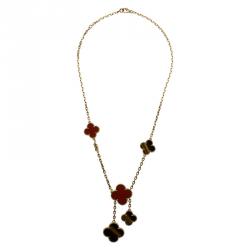 Pre Owned Van Cleef & Arpels 5 Motif Magic Alhambra Tiger's Eye, Carnelian and Yellow Gold Necklace