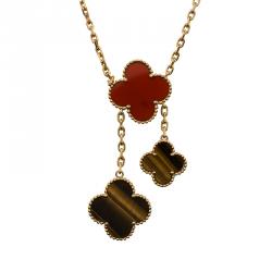 Pre Owned Van Cleef & Arpels 5 Motif Magic Alhambra Tiger's Eye, Carnelian and Yellow Gold Necklace