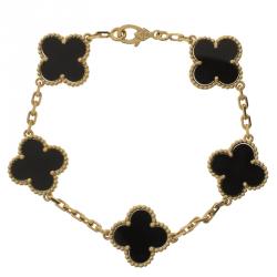 Pre Owned Van Cleef & Arpels Vintage Alhambra Onyx Yellow Gold Bracelet 