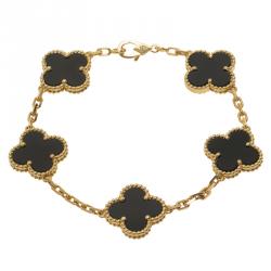 Pre Owned Van Cleef & Arpels Vintage Alhambra Onyx Yellow Gold Bracelet 