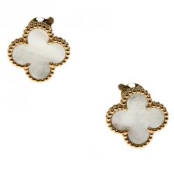 Pre Owned Van Cleef & Arpels Vintage Alhambra Mother of Pearl 18k Yellow Gold Clip-on Stud Earrings