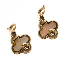 Pre Owned Van Cleef & Arpels Vintage Alhambra Mother of Pearl 18k Yellow Gold Clip-on Stud Earrings