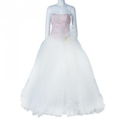 White by Vera Wang Pink White Pleated Bustier Draped Tulle Wedding Gown S
