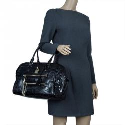Versace Jeans Black Croc Embossed Leather Bowling Bag