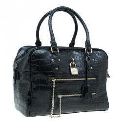 Versace Jeans Black Croc Embossed Leather Bowling Bag