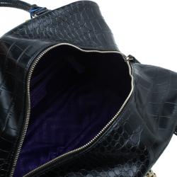 Versace Jeans Black Croc Embossed Leather Bowling Bag