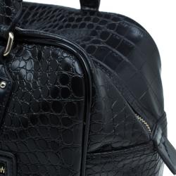 Versace Jeans Black Croc Embossed Leather Bowling Bag