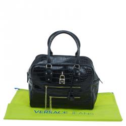 Versace Jeans Black Croc Embossed Leather Bowling Bag