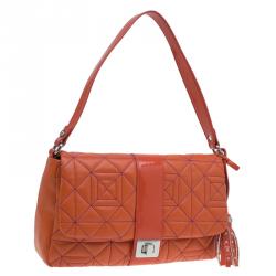 Pre Owned Versace Jeans Orange Leather Tassel Trapuntata Shoulder Bag