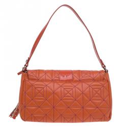 Pre Owned Versace Jeans Orange Leather Tassel Trapuntata Shoulder Bag