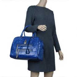 Pre Owned Versace Jeans Blue Croc Embossed Leather Bowling Bag