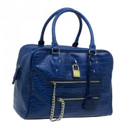 Pre Owned Versace Jeans Blue Croc Embossed Leather Bowling Bag