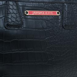 Versace Jeans Black Croc Embossed Leather Tote