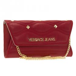 Versace Jeans Red Leather Diamond Stud Fold Over Wallet on Chain Bag