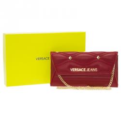 Versace Jeans Red Leather Diamond Stud Fold Over Wallet on Chain Bag