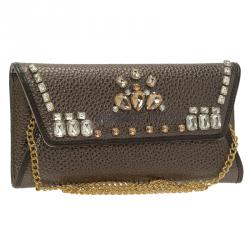 Versace Jeans Metallic Gray Pebbled Leather Embellish Crystal Wallet on Chain Bag