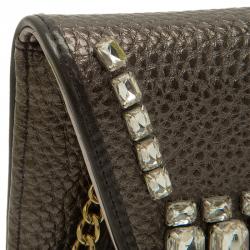 Versace Jeans Metallic Gray Pebbled Leather Embellish Crystal Wallet on Chain Bag