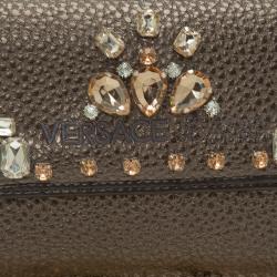 Versace Jeans Metallic Gray Pebbled Leather Embellish Crystal Wallet on Chain Bag