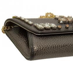 Versace Jeans Metallic Gray Pebbled Leather Embellish Crystal Wallet on Chain Bag