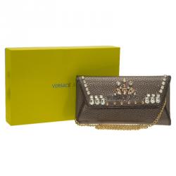 Versace Jeans Metallic Gray Pebbled Leather Embellish Crystal Wallet on Chain Bag