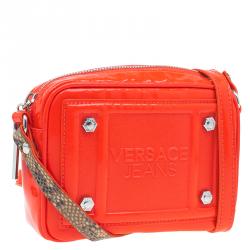 Pre Owned Versace Jeans Orange Patent Leather Small Crossbody Bag