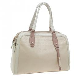 Pre Owned Versace Jeans Beige Embossed Leather Logo Tote
