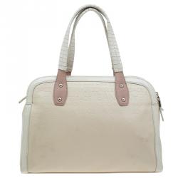 Pre Owned Versace Jeans Beige Embossed Leather Logo Tote