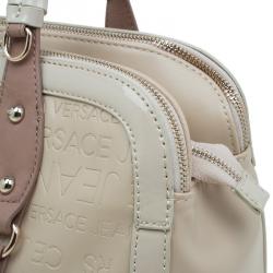 Pre Owned Versace Jeans Beige Embossed Leather Logo Tote