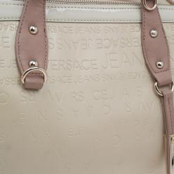 Pre Owned Versace Jeans Beige Embossed Leather Logo Tote