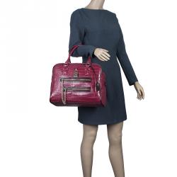 Pre Owned Versace Jeans Burgundy Croc Embossed Leather Bowling Bag