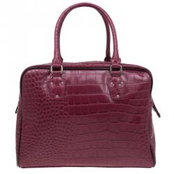Pre Owned Versace Jeans Burgundy Croc Embossed Leather Bowling Bag