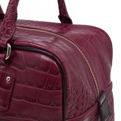 Pre Owned Versace Jeans Burgundy Croc Embossed Leather Bowling Bag