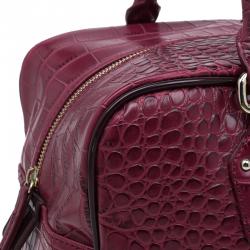 Pre Owned Versace Jeans Burgundy Croc Embossed Leather Bowling Bag