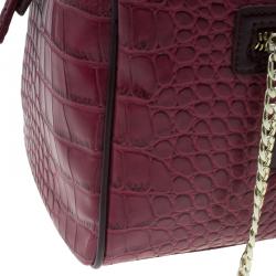 Pre Owned Versace Jeans Burgundy Croc Embossed Leather Bowling Bag